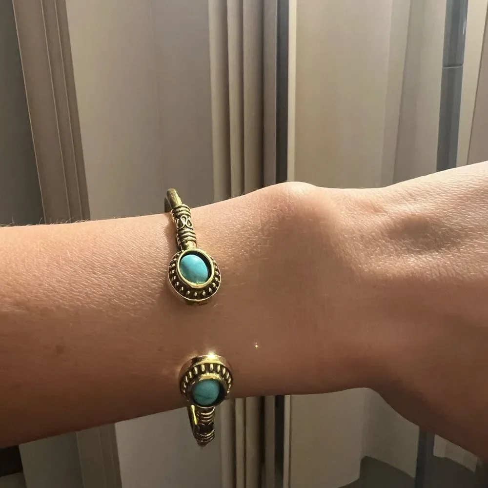 Bohemian Open Cuff Turquoise Bangle Bracelet Silver and Gold Pated